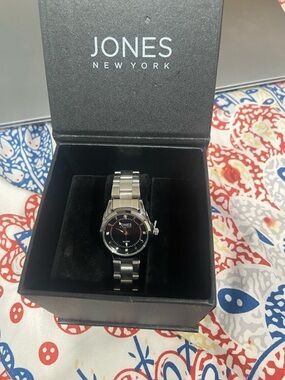 Jones New York Silver-Tone Bracelet Watch with Black Dial